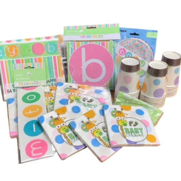 Baby Shower Gender Neutral Giraffe Banner Napkins Plates Cups 24 Guest Party Kit - Picture 1 of 5